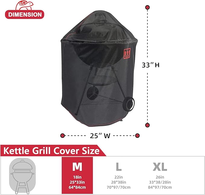 Turtle Life Round BBQ Grill Cover, 18inch Heavy Duty Durable Waterproof Rip Resistant UV Resistant Charcoal Kettle Grill Cover, Dia25 x33 H, Black