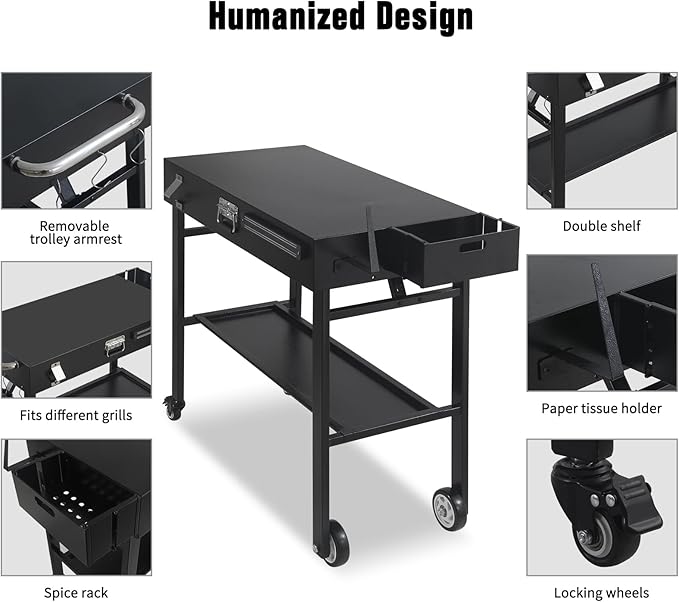 Portable Grill Cart for Blackstone Griddle with Lock, Shelves & Caddy - Fits 17 or 22 Inch Grills, Foldable Outdoor Cooking Stand for Outdoor Tailgate and Camping, Black