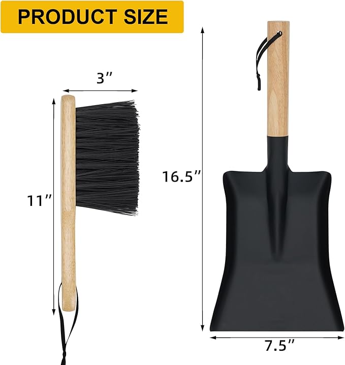 Fireplace Shovel & Brush Set, Large Ash Shovel and Hearth Brush with Wooden Handle, Fireplace Tools Set, Metal Brush Pan Set, Fireplace Tools, Firepit Tools, Fire Pit Accessories for Outside