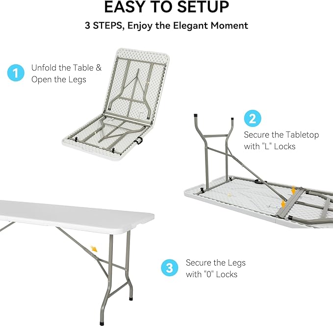 50 Pack of 6 Foot Foldable Table with Built in Handle & Steel Legs ,Heavy Duty Portable ,Perfect for Party, Dining, Wedding, Events, Picnic Indoor, Outdoor, Camping, Utility, Folding(white-50pac)