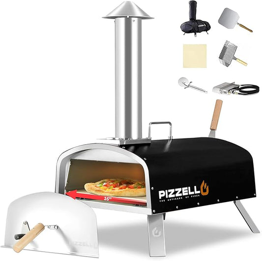 PIZZELLO Propane Pizza Oven Wood Fired Outdoor Foldable Pizza Ovens with Gas Burner, Wood Tray Pizza Stone, Pizza Peel, Cover (Black)
