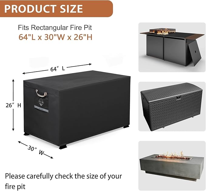 QH.HOME Fire Pit Cover Rectangle 64 x 30 inch ,Outdoor Waterproof and Weatherproof Strong Tear and Fading Resistant Rectangular Patio Furniture Fireplaces Cover - Black