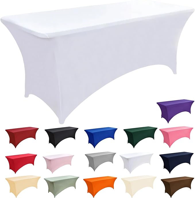 6-Pack 8ft White Spandex Table Covers for Rectangle Folding Tables - Washable Elastic Tablecloth - Ultimate Fitted Table Protector for Birthday Parties, Trade Shows, Banquet