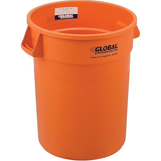 Global Industrial Commercial Round Trash Can, 32 Gallon Capacity, Plastic Garbage Can, Indoor and Outdoor Utility Trash Can, Bright Orange, 21-3/4"W x 27-1/2"H, No Lid
