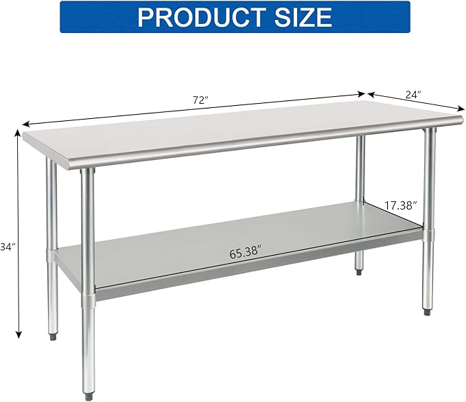 HARDURA Stainless Steel Table 24X72 Inches with Undershelf and Galvanized Legs NSF Heavy Duty Commercial Prep Work Table for Restaurant Kitchen Home and Hotel
