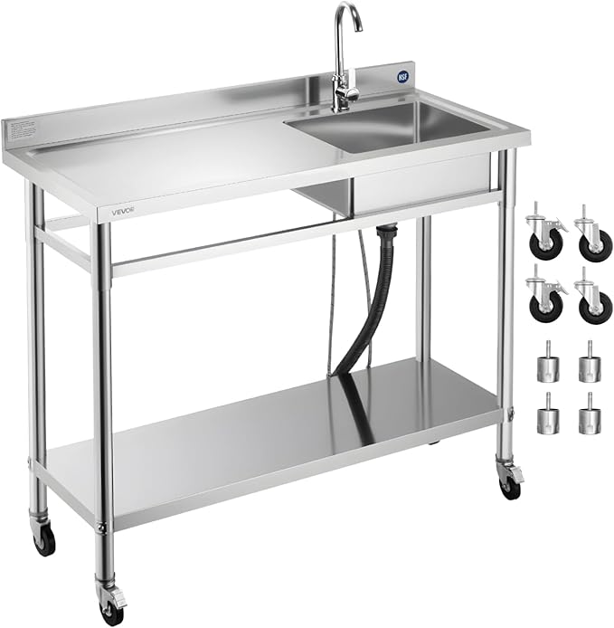 VEVOR Stainless Steel Utility Sink, Rolling Single Bowl Commercial Kitchen Sink with Wheels,Faucet and Hot & Cold Water Pipe,Utility Basin Workbench for Garage Restaurant Laundry 47.2 x 19.7 x 41.5 in
