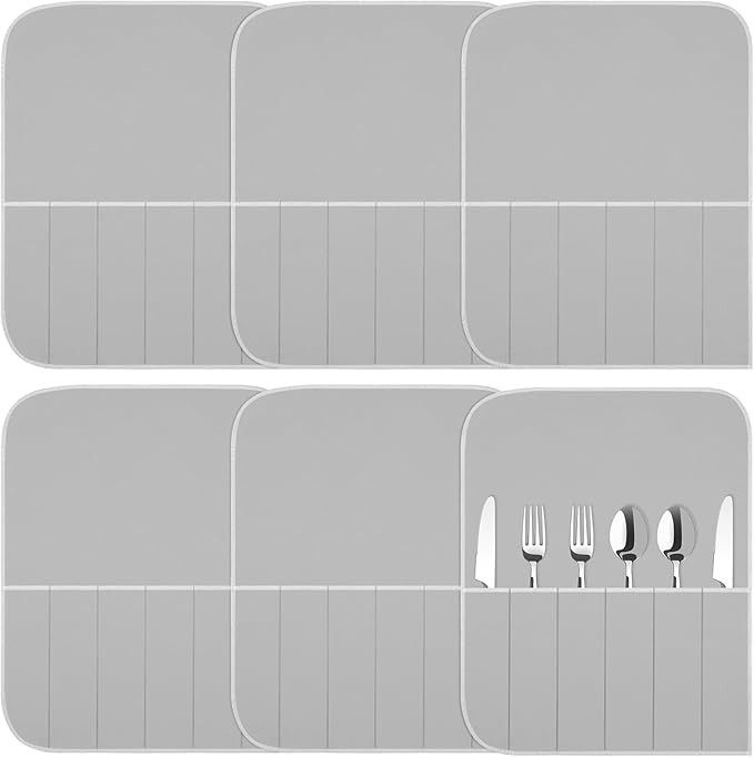 Hillban 6 Pcs Anti Tarnish Silver Storage Bags Silver Storage Cloth Felt Flatware Organizer Anti Tarnish Protector Bags Place Setting Roll with White Ribbon for Kitchen Cutlery (6 Slots,Grey)