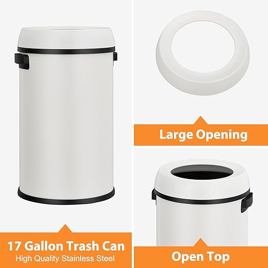 GarveeHome 17 gal/65 L Open Top Trash Can, Stainless Steel Rubbish Bin, Commercial Grade Waste Container, Round Garbage Can for Outdoor, Home Office, Restaurant, White