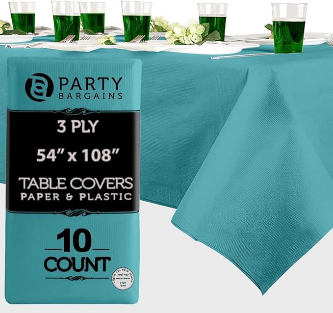 PARTY BARGAINS 54" X 108" Paper & Plastic Table Covers, Turquoise, 10 Pack