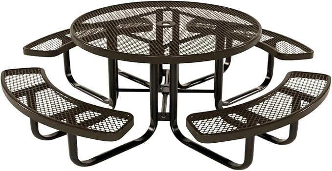 COATEDOUTDOORFURNITURE Heavy-Duty Portable Outdoor Kids Table with Umbrella Hole, Expanded Metal Kids Picnic Table, Commercial-Grade, Made in America (46 in, Round, Childrens, Textured Brown)