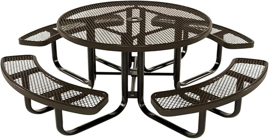 COATEDOUTDOORFURNITURE Heavy-Duty Portable Outdoor Kids Table with Umbrella Hole, Expanded Metal Kids Picnic Table, Commercial-Grade, Made in America (46 in, Round, Childrens, Textured Brown)