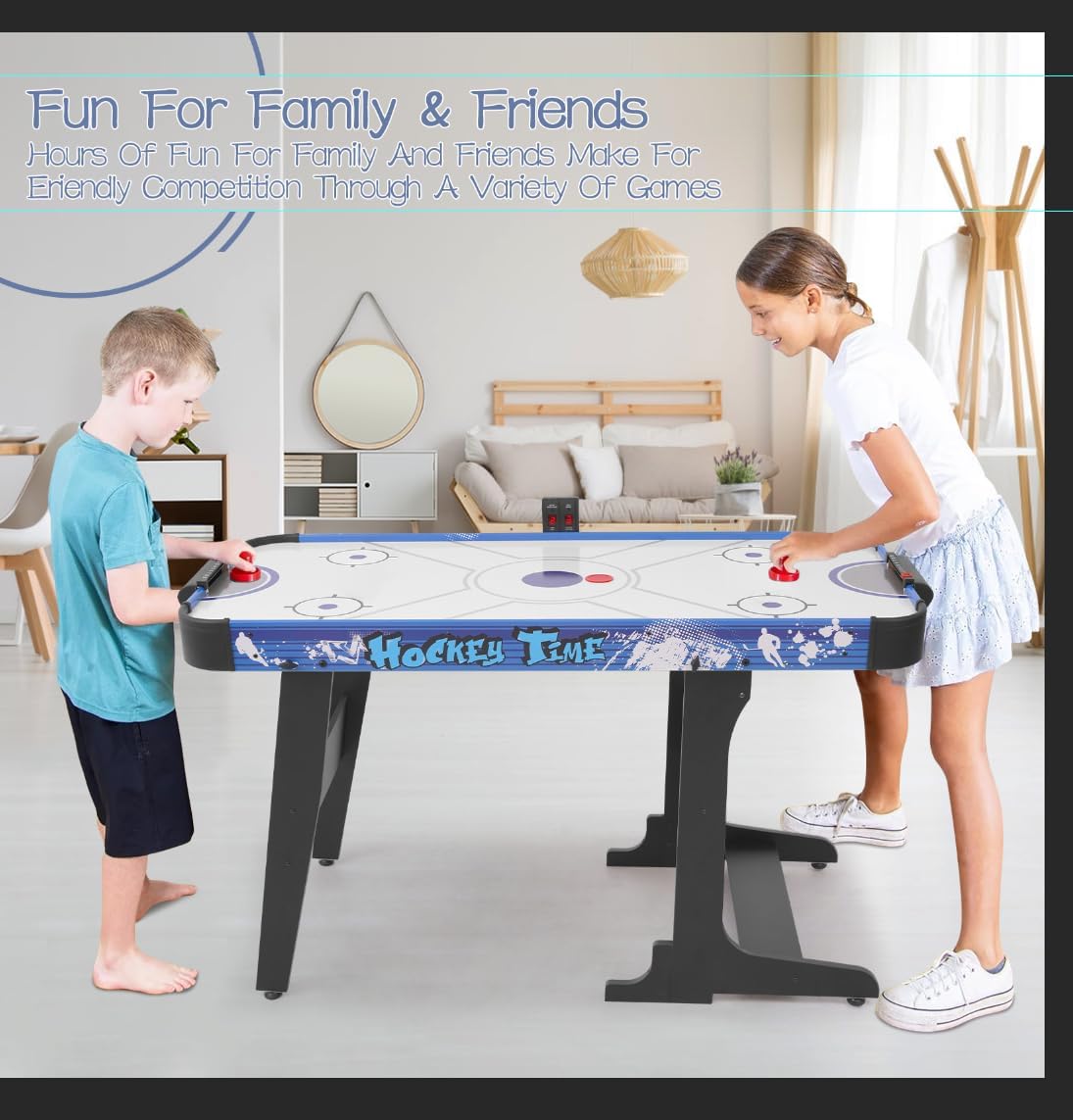 58" Foldable Air Hockey Table, Folding Indoor Hockey Game Table for Adults&Kids, Portable Arcade Game Set w/ 2 Pucks, 2 Pushers, LED Scorer, Powerful by 12V Motor for Game Room, Home, Office