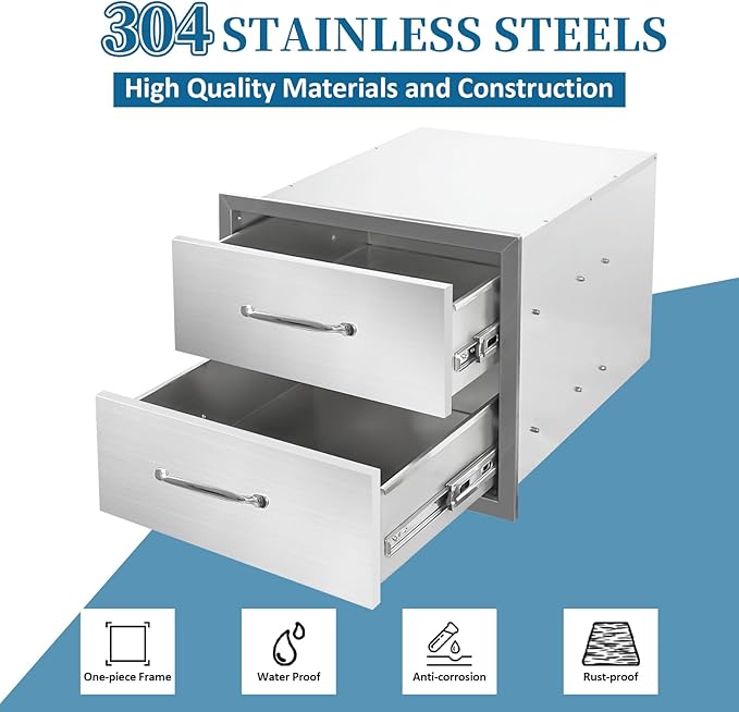 Outdoor Kitchen Drawers 18"Wx15"Hx23"D Flush Mount Access 2-Drawer BBQ Stainless Steel Drawers with Handle for Outdoor Kitchen Island or Grill Station