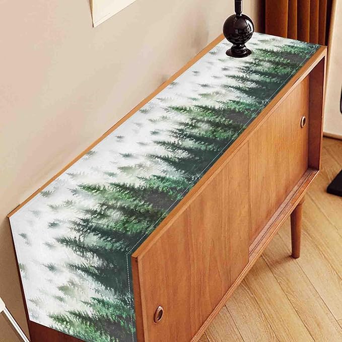 Green Forest Table Runner, Rustic Farmhouse Green Pine Tree Woodland Seasonal Mountain Country Coffee Table Center Decor for Home Kitchen Dining Patio Holiday Party Table Decorations, 13"x108" Inch