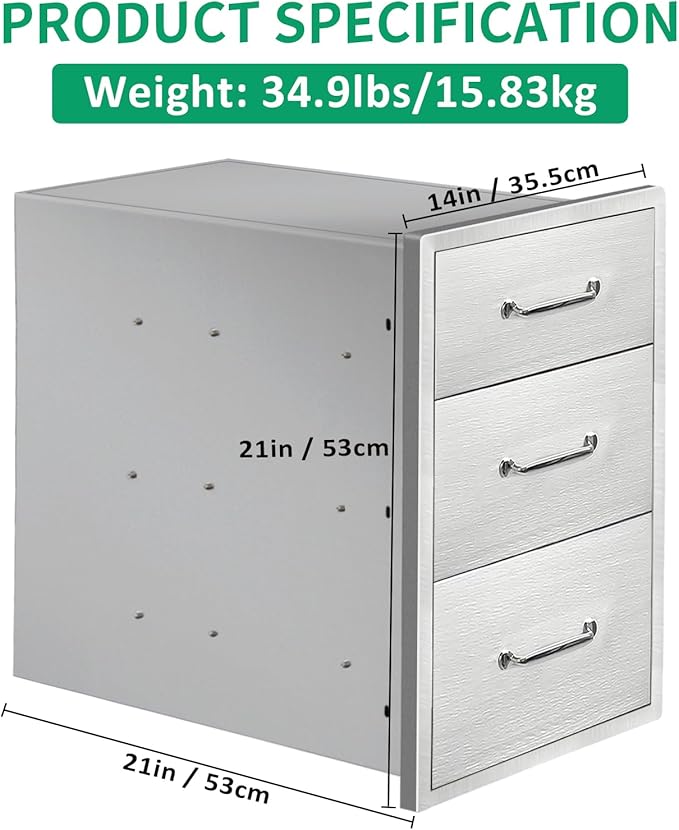 Outdoor Kitchen Drawers 14" W x 21" H x 21" D Stainless Steel Triple Drawers with Ergonomic Handle for BBQ Island, Patio Grill Station & Outdoor Kitchen Cabinets
