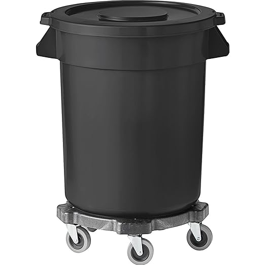 PRO&Family Commercial Round Trash Can with Lid and Dolly Rolling Waste Container, Ingredient Bin, Heavy-Duty Plastic, Anti-Static, Kitchen, Office, Outdoor Use (Black, 20 Gallon)