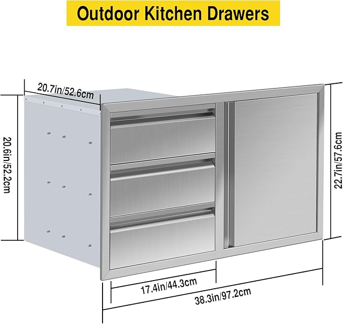 Outdoor Kitchen Drawer Combo, Stainless Steel Triple Drawers & 2 Trash Can Drawers,Enclosed Built-in Drawer Flush Mount For Outdoor Kitchens & BBQ Islands ﻿ ﻿,G4