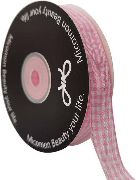 Pink Gingham Plaid Checked Ribbon 25 Yards Each Roll 100% Polyester (5/8",Pink)