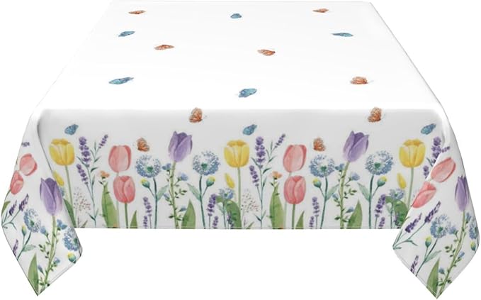 Spring Floral Tablecloth 54 x 54 Inch Square, Tulip Lavender Flower Decorative Tablecloths Stain Resistance Polyester Beautiful Flower Table Cloth for Holiday Parties Kitchen Dining Indoor Outdoor