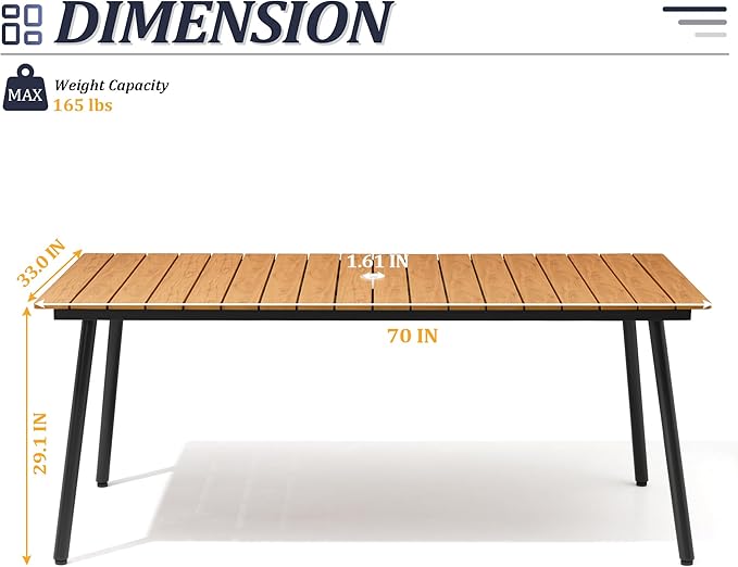 70" Patio Outdoor Dining Table for 4-6, Weather-Resistant Wood-Grain Top with Aluminum Frame & Umbrella Hole for Deck Gatherings, Brown