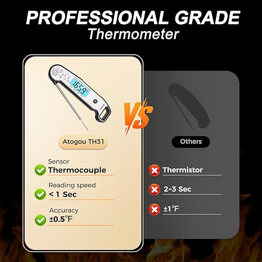 Atogou Professional Food & Meat Thermometer, 1 Sec Instant Read & ±0.5℉ Accuracy, Thermocouple Sensor, IP67 Waterproof Digital Thermometer for Cooking, BBQ, Grill Gifts for Men Him Dad Birthday