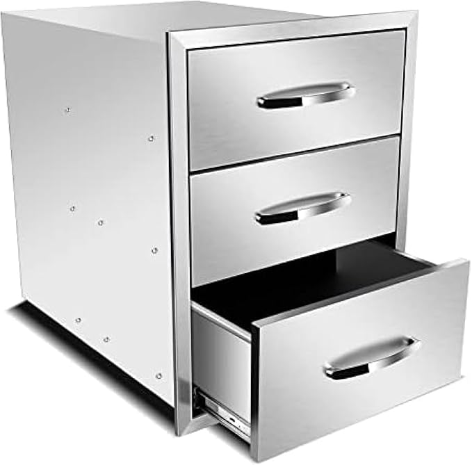 Stainless Steel Outdoor Kitchen Drawers - 3-Drawer BBQ Drawer, Built-in, Flush Mount for Outdoor Kitchens & BBQ Islands, 18Wx23Dx24H