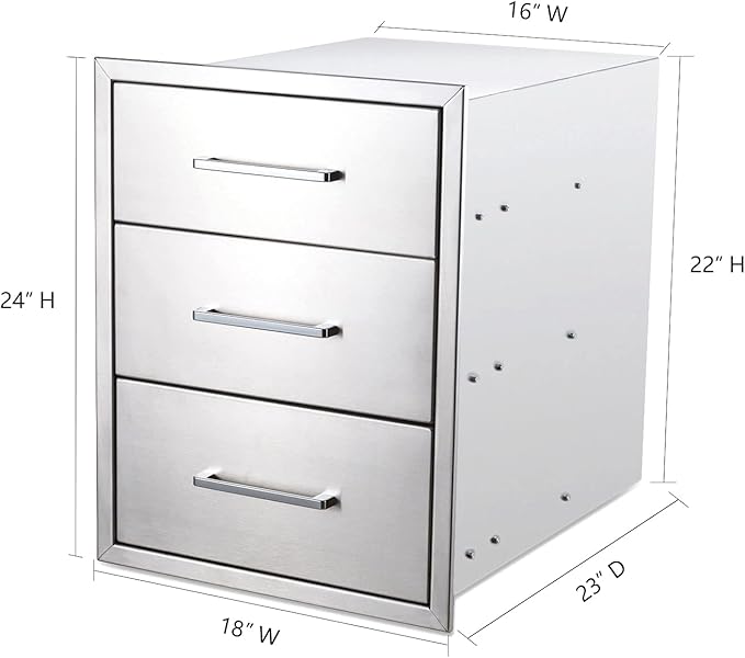 TIANAI Outdoor Kitchen Drawers Stainless Steel Triple Drawer - 18" W x 24" H x 23" D,Flush Mount for Outdoor Kitchen or BBQ Island