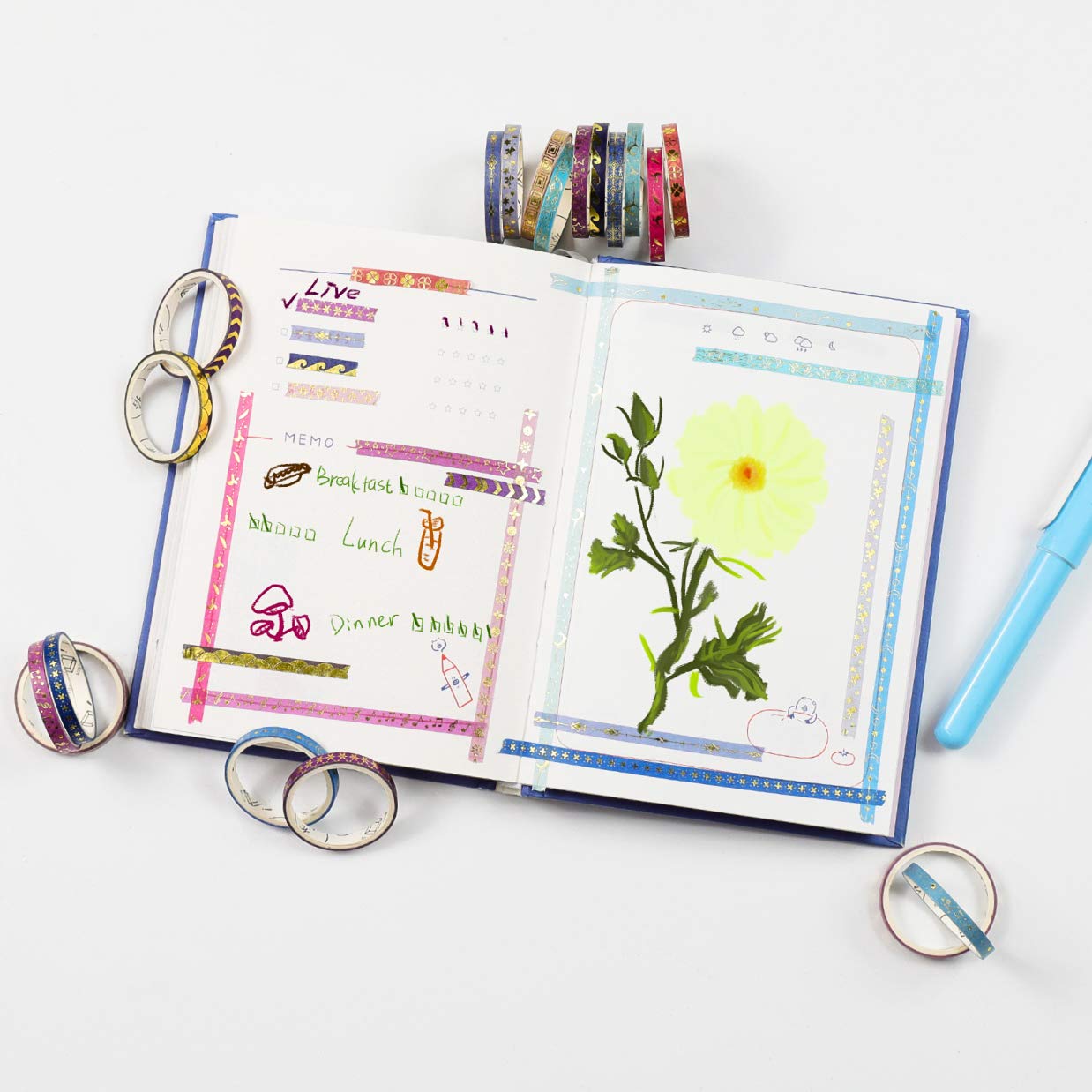 AEBORN Thin Purple Washi Tape - 20 Rolls 5mm Gold Foiled Skinny Washi Tape Set, Pretty Star Washi Tape for Bullet Journal, Scrapbook, Gift Packaging, DIY Crafts