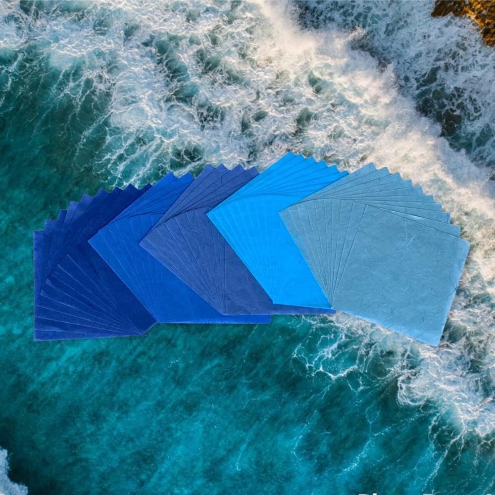 50 Sheets 6 x 6 Inches Natural Fiber Mulberry paper Sheets Square Origami Paper Arts Folding Craft, Decoration Paper, Square Folding Paper for DIY Crafts (Ocean Blue Tone, 6x6 Inch)