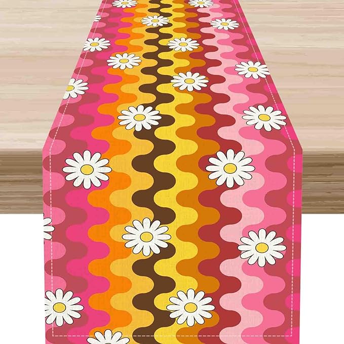 70s Table Runner, Retro Groovy Hippie Daisy Floral Pink Yellow Wave Funky Trippy Coffee Table Center Decor for Home Kitchen Dining Patio Holiday Party Indoor Outdoor Table Decorations, 13"x36" Inch