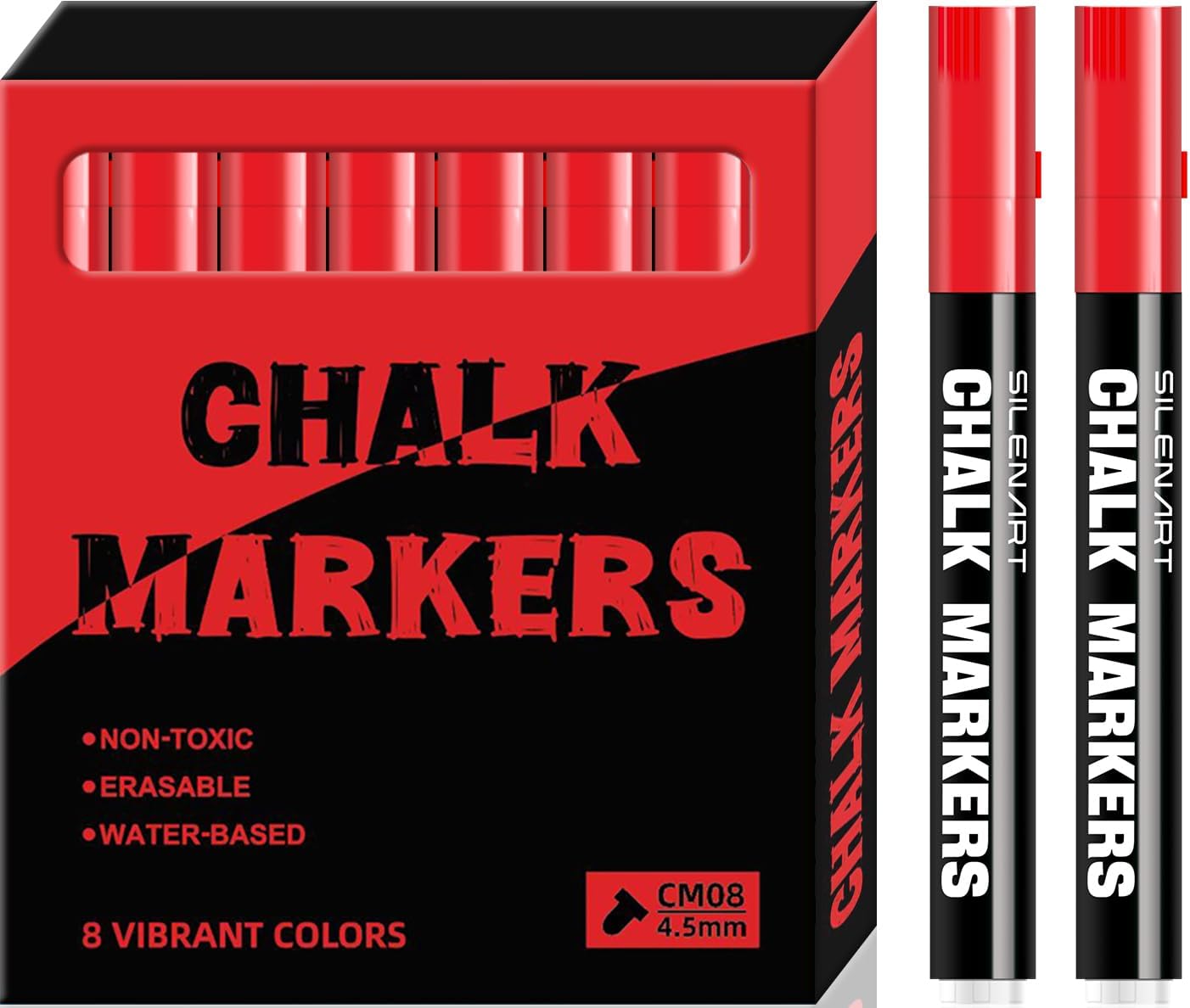 SILENART Chalk Markers - Vibrant 8 Pack - Dry Erase Markers Pen - Liquid Chalk Markers for Blackboard Chalk Board Windows Glass Acrylic Calendar Board - Erasable Chalk Marker (Red)