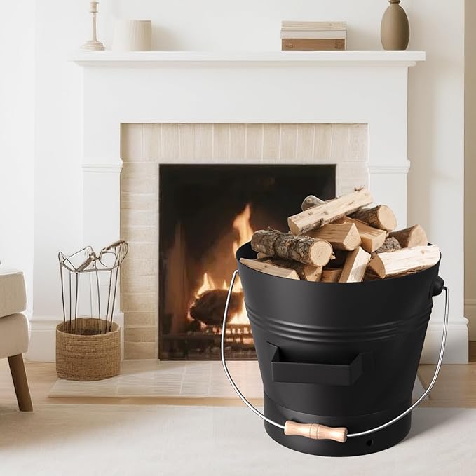 AMAGABELI GARDEN & HOME XL 3-Gallon Metal Ash Bucket with Lid Shovel Broom for Coal Ash Can Fire Pit Charcoal Fireplace Bucket Essential Tools for Indoor Outdoor Wood Burning Stove Hearth Accessories