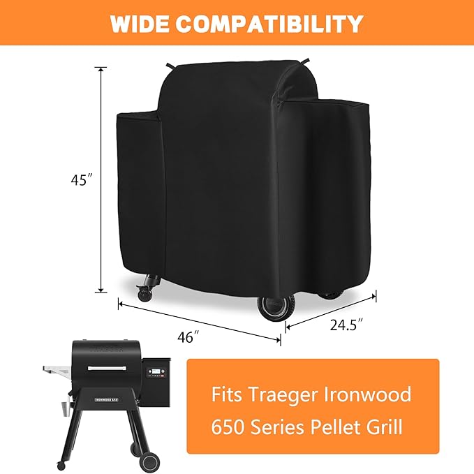 Outdoor 600D Heavy Duty Grill Cover for Traeger Ironwood 650 Series, Full-Length Grill Cover Grill Accessory Waterproof Pellet Cover Compatible with Traeger Ironwood 650 Accessories BAC505,Black