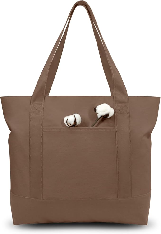 TOPDesign 6-Pack Canvas Tote Bags with an External Pocket, Reusable Grocery Shopping Bags, Top Zipper Closure, Daily Essentials (Brown)