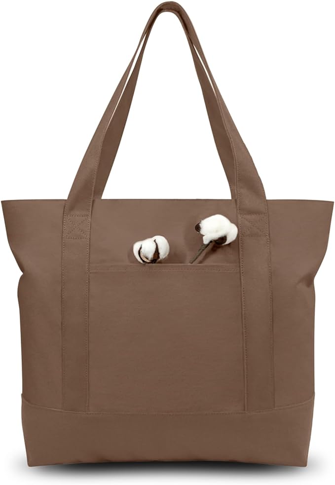 TOPDesign 1-Pack Canvas Tote Bag with an External Pocket, Reusable Grocery Shopping Bag, Top Zipper Closure, Daily Essentials (Brown)