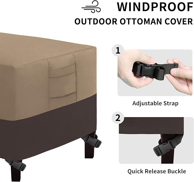 Easy-Going Outdoor Ottoman Cover, Waterproof Patio Ottoman Cover, Heavy Duty Outdoor Furniture Cover with Padded Handles (40"x30"x17", Camel/Dark Brown)