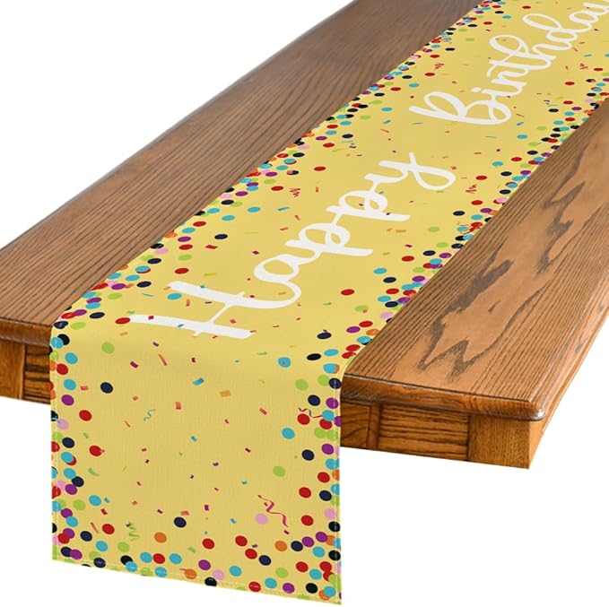 Artoid Mode Polka Dot Yellow Happy Birthday Table Runner, Seasonal Summer Kitchen Dining Table Decoration for Home Party Decor 13x72 Inch