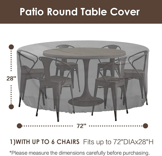 Vailge Round Patio Furniture Covers, 100% Waterproof Outdoor Table Chair Set Covers, Anti-Fading Cover for Outdoor Furniture Set, UV Resistant (Grey, 72"DIAx28"H)