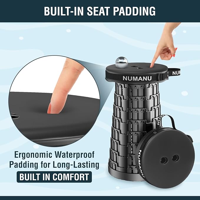 NUMANU 2025 Upgraded Padded Collapsible Stool, Max 620lbs 2.5"-18" H Adjustable Portable Folding Stool for Adults, Retractable Foldable Telescopic Seat Camping Chair or Footrest (1PK Padded Seat)