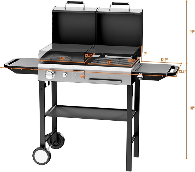 Bonnlo Propane Flat Top Griddle and Charcoal Grill Combo with Lid, Powerful 12,000 BTU Grills with Side Shelves & Foldable Legs, 4 Burners Grill with Movable Wheels for Outdoor BBQ Camping Use