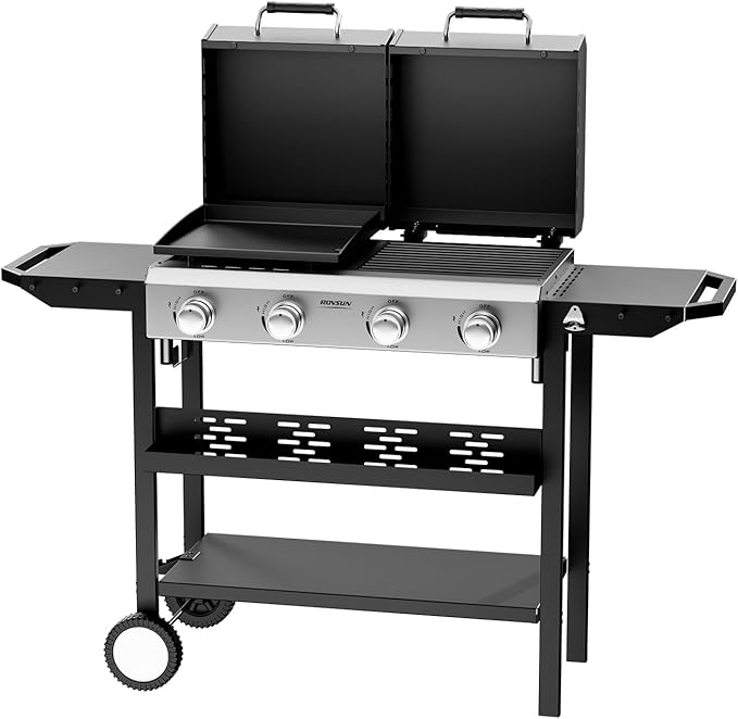 Bonnlo 2 in 1 Propane Flat Top Grill and Griddle Combo with Lid, Powerful 40,000 BTU Grills with Side Shelves & Integrated Ignition, 4 Burners Grill with Movable Wheels for Outdoor BBQ Camping Use