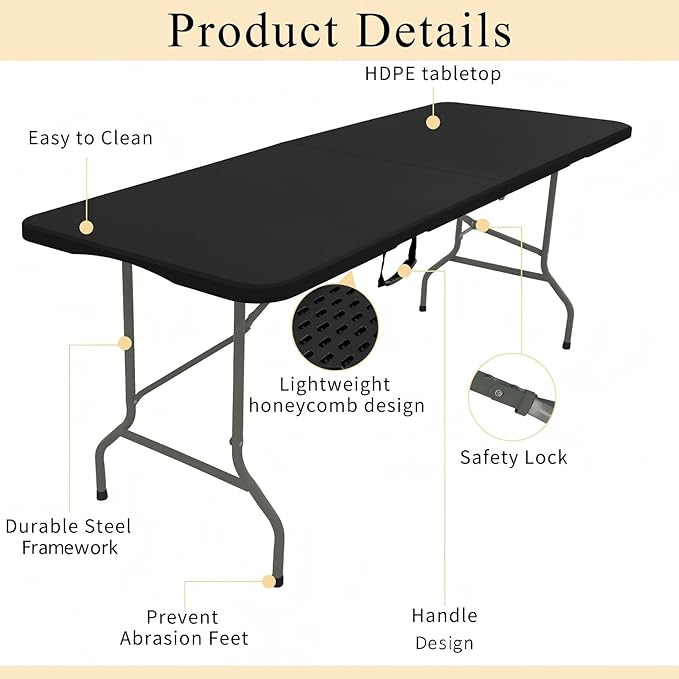 Folding Tables with Carrying Handle Lightweight Rectangular Portable Plastic Camping Table Steel Legs for Party, Dining, Wedding, Events, Picnic Indoor, Outdoor (5FT, Black)