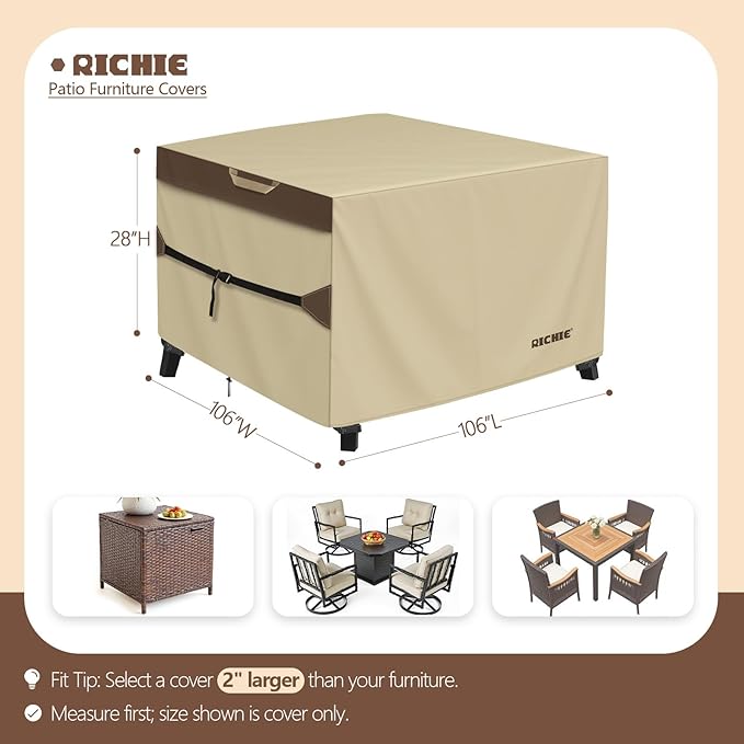 Outdoor Patio Furniture Cover - Heavy Duty Waterproof 600D Tough Canvas Protector for Square Table Cover, All-Season Dining Table and Chair Cover (106L x 106W x 28H Inch)