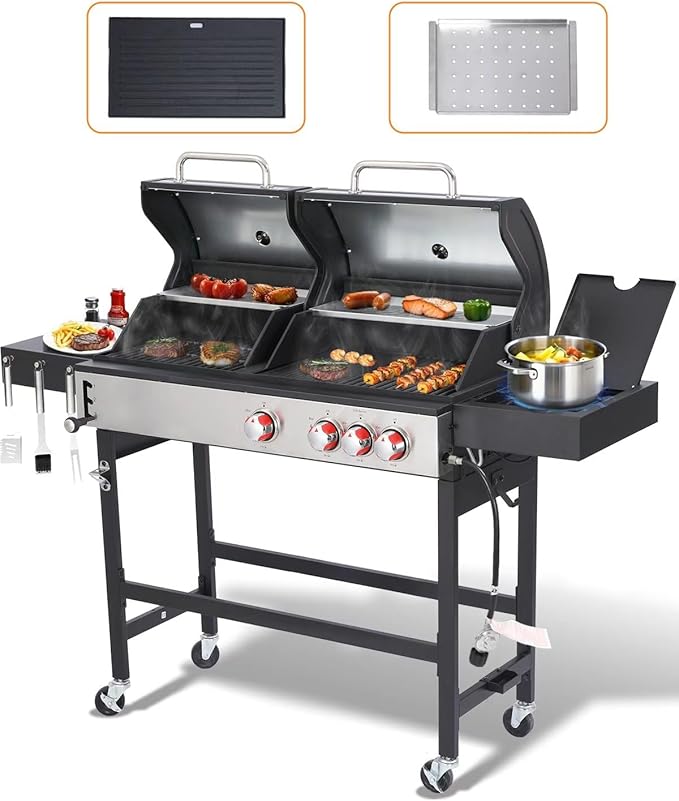 Propane Gas and Charcoal Grill Combo | Griddle Grill with Side Burner | BBQ Grills 2-in-1 | 41,500 BTU Output, 673 SQ IN Cooking Area Perfect for Outdoor Events & Backyard Barbecue