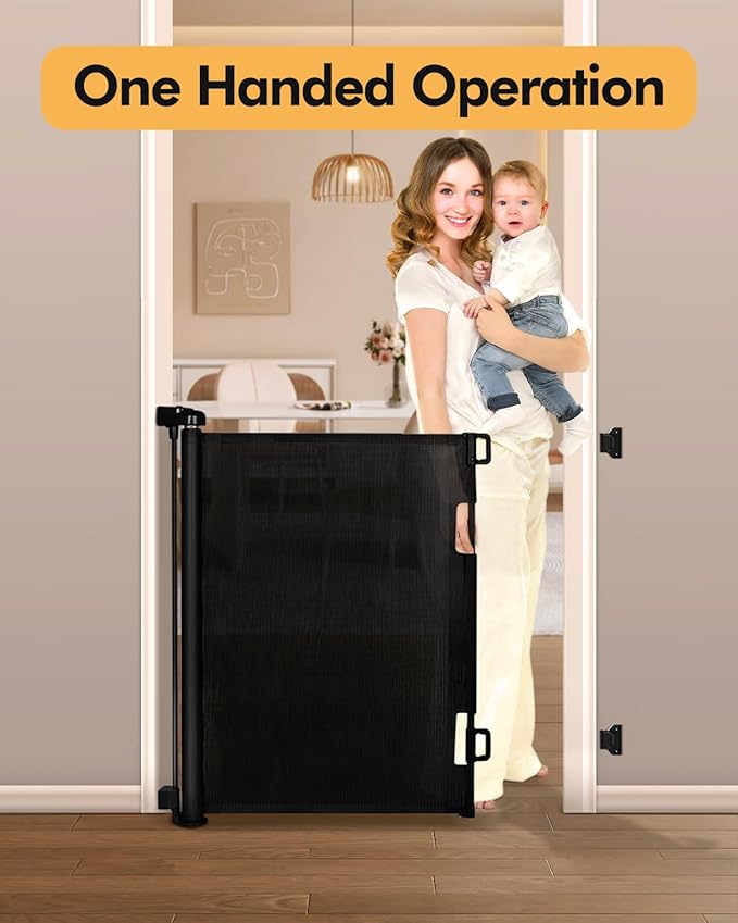 Retractable Baby Gate for Stairs & Doorways, 55" Wide x 33.6" Tall Easy Installation Mesh Dog Gate for Indoor & Outdoor Use,Pet and Dog Safety Gate for Hallways(Black)