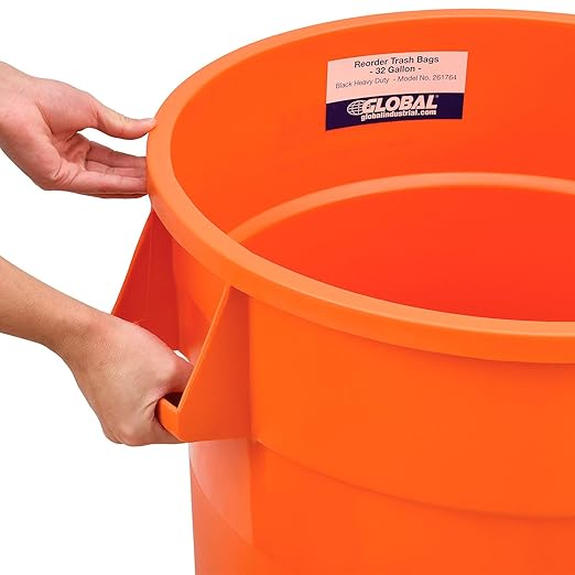 Global Industrial Commercial Round Trash Can, 32 Gallon Capacity, Plastic Garbage Can, Indoor and Outdoor Utility Trash Can, Bright Orange, 21-3/4"W x 27-1/2"H, No Lid