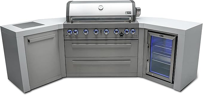Mont Alpi 805 6-Burner 115000 BTU MAi805-D45FC U-shaped Stainless Steel Deluxe Modular Outdoor Kitchen BBQ Island Grill + Fridge Cabinet - 2 Infrared Burners, White Granite Countertops, Rotisserie Kit
