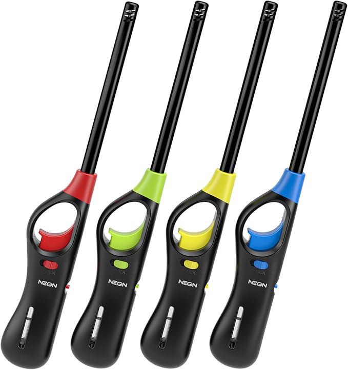 NEON Lighter, Refillable Butane Candle Lighter, 4 Pack Multi-Purpose Reusable Lighters with Long Metal Wand and Adjustable Soft Flame for BBQ, Grill, Stove, Camping, Hiking, Fireplaces, Kitchen