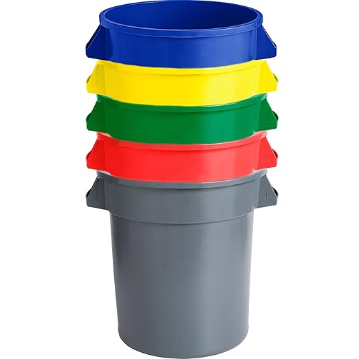 PRO&Family Commercial Round Trash Can with Lid and Dolly Rolling Waste Container, Ingredient Bin, Heavy-Duty Plastic, Anti-Static, Kitchen, Office, Outdoor Use (White, 44 Gallon)