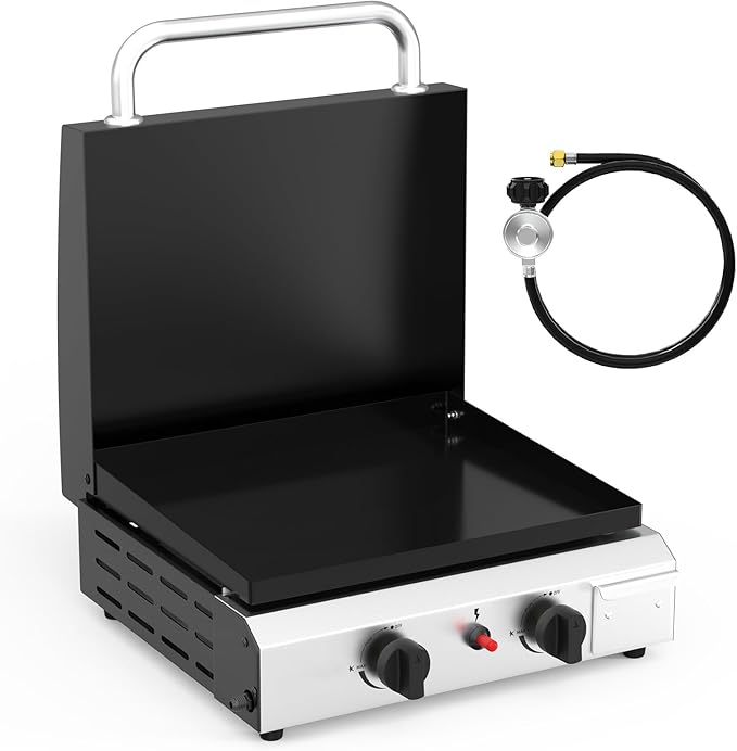 Bonnlo 2 Burner Portable Propane Griddle with Lid, 20000BTU Tabletop Flat Gas Grill with Ignition and Oil Collector, Camping Griddle for Outdoor Cooking Patio Backyard Sandbeach BBQ Party